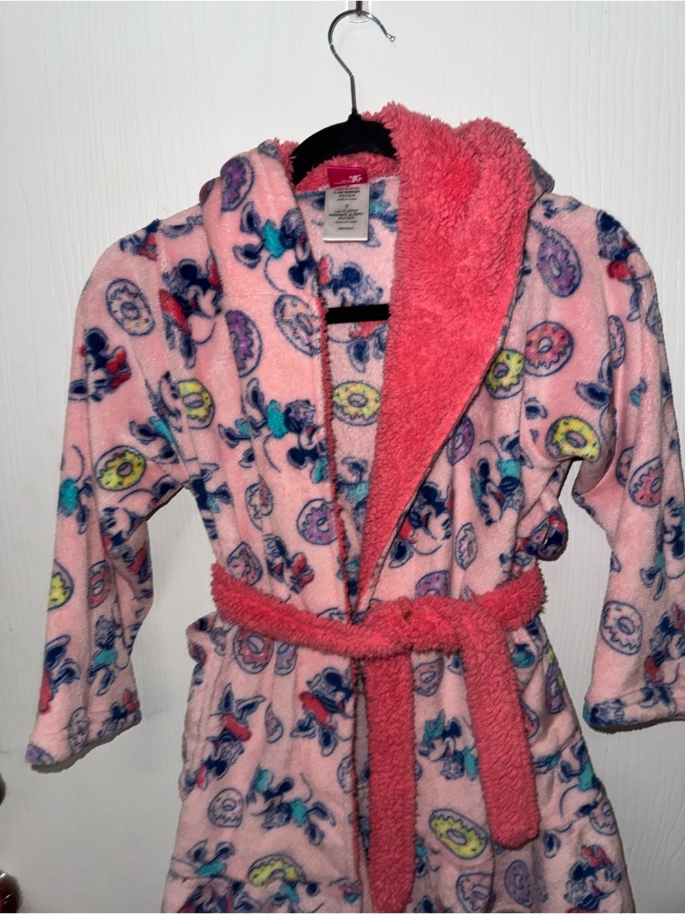 Disney Minnie Mouse Girls Pink Donut Hooded Plush Fleece Robe Size 7